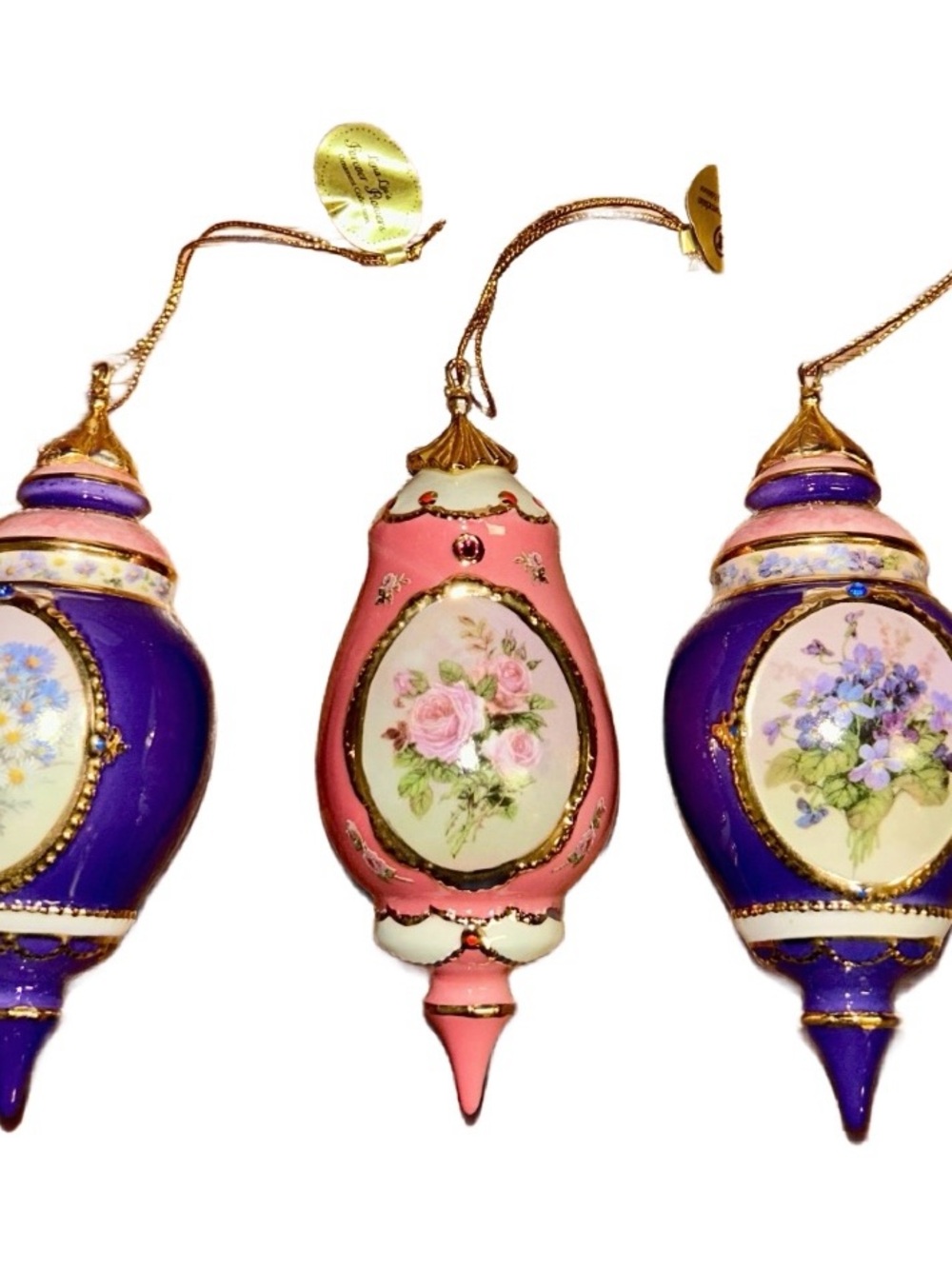 Bradford Editions Lena Liu Forever Flowers ~ 3 Ornaments: Violets/Roses/Asters